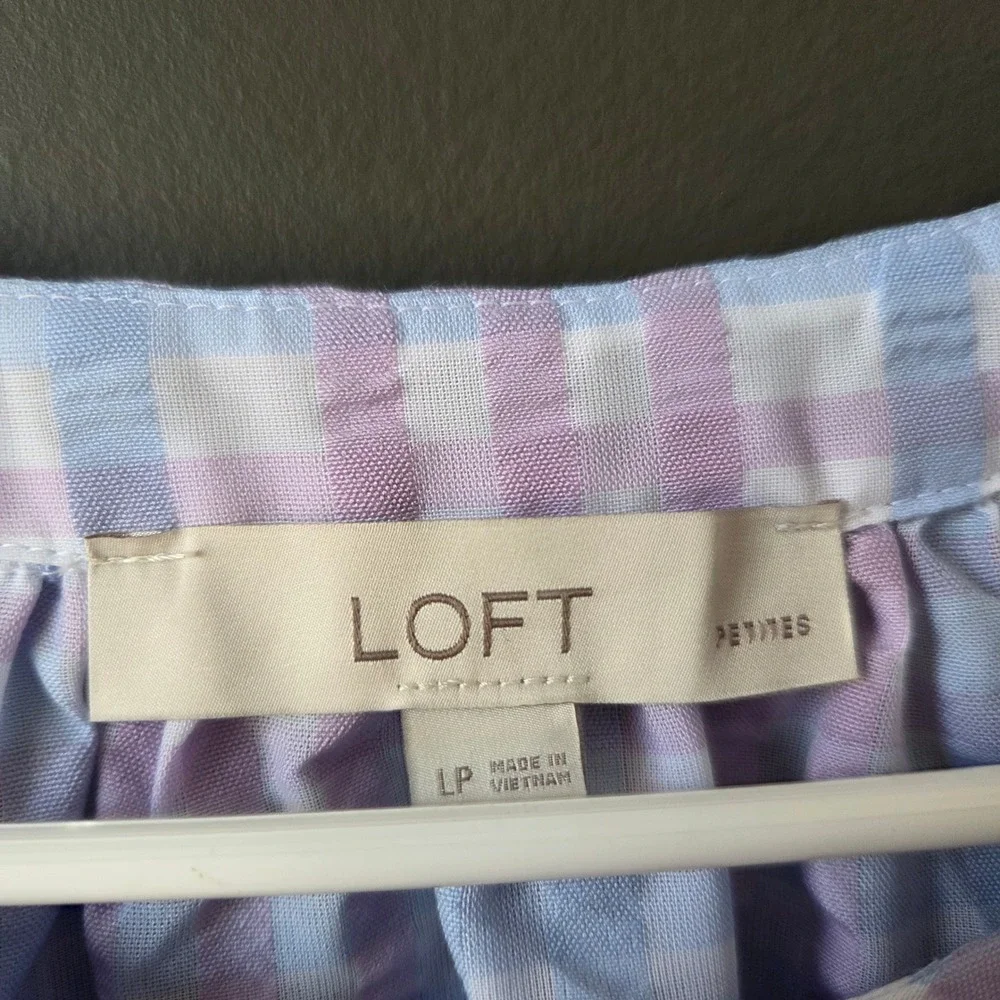 LOFT Petites Blue‎ Purple Gingham Seersucker Puff Sleeve Tie Neck Blouse Lg P
